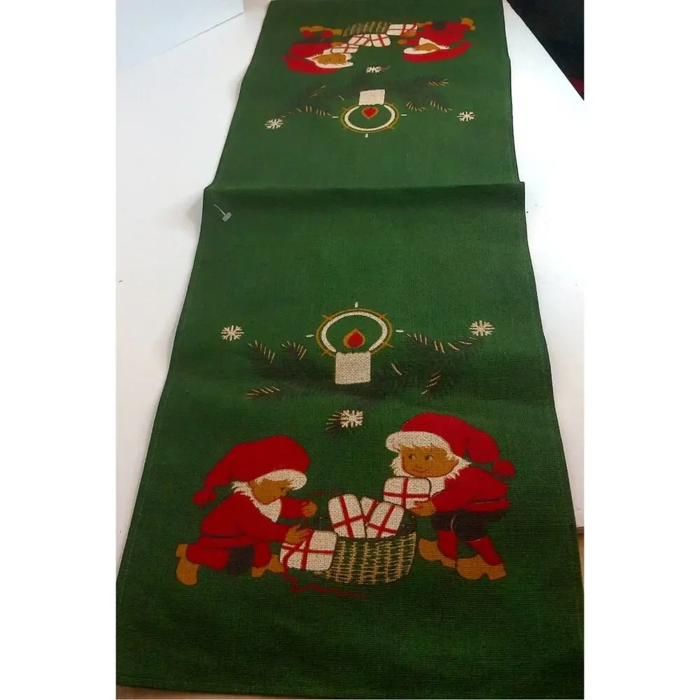 Vintage Swedish Christmas Table Runner Embroidered Nisse Elves